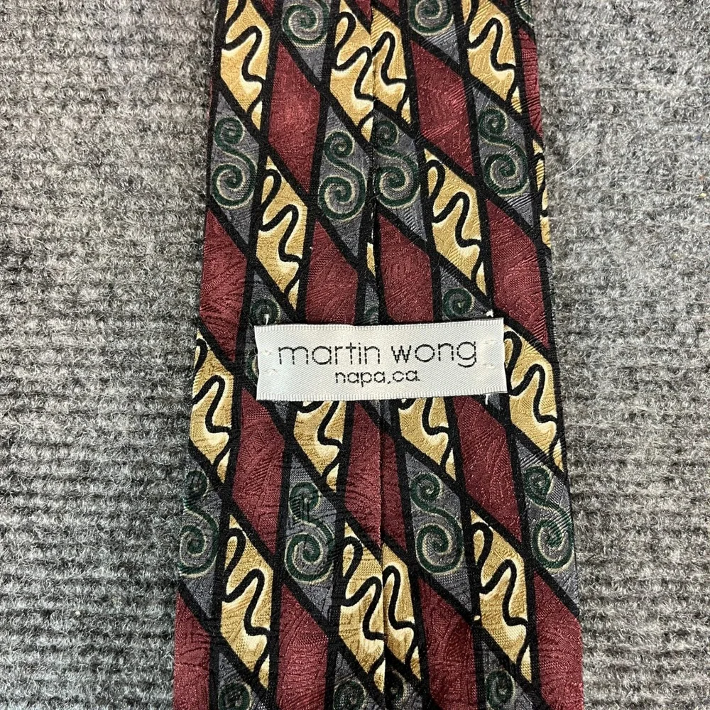 Martin Wong Napa CA Silk Necktie Burgundy Gold Grey Geometric Scroll Made in USA